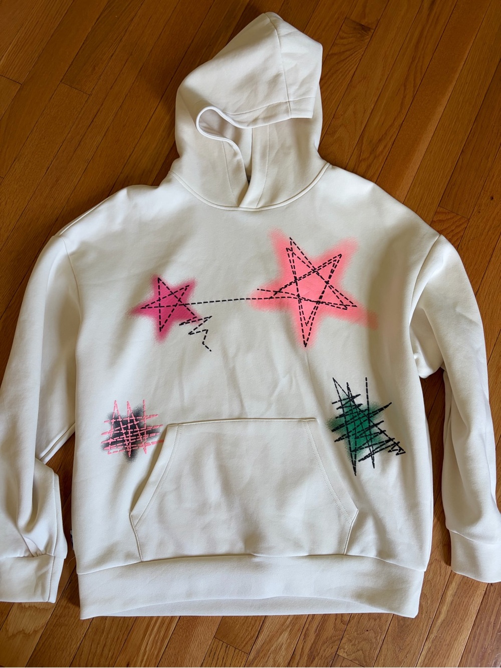 Aelfric Eden White Hoodie with Pink and Green Star Graffiti
